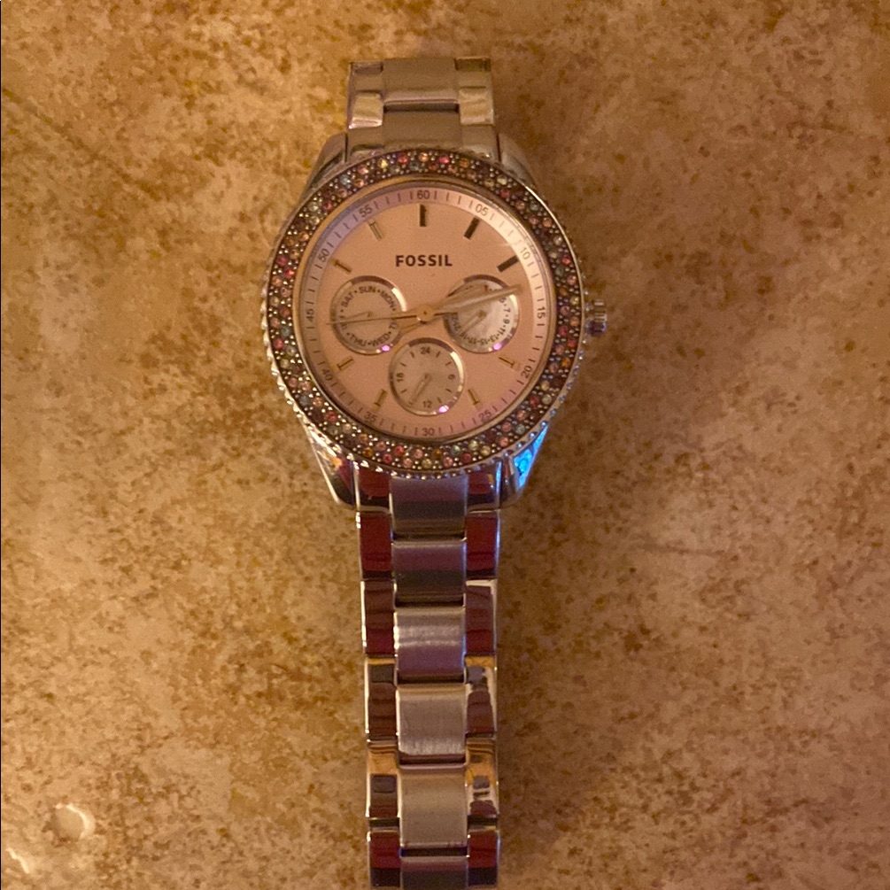 Fossil Silver And Pink Watch With Crystal Bezel